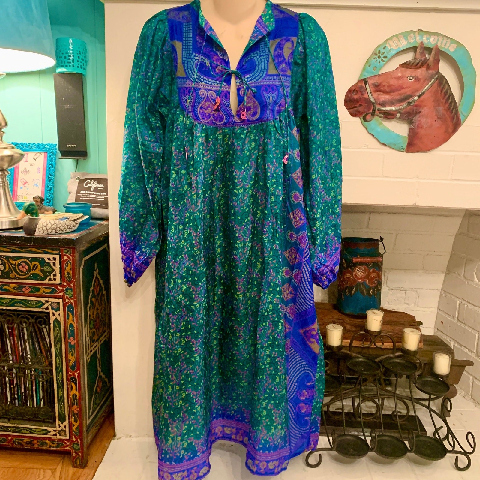 SEVENTIES 70’s India SILK Mixed PATCHWORK Block Print HIPPIE BOHO Gypsy Dress