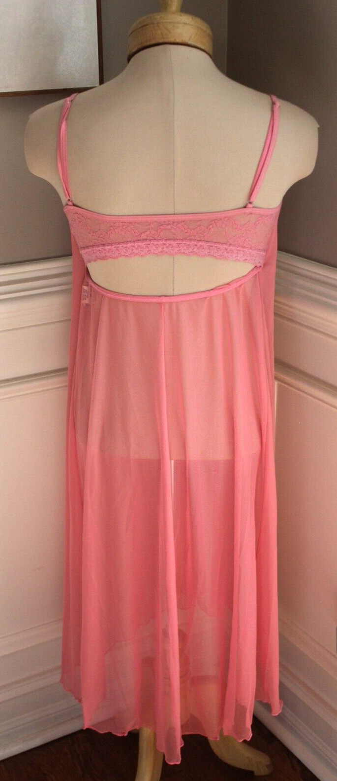 Y2K Vintage Pink Lace Slip Nightie gown Shirley Hollywood sheer lace cutout bra