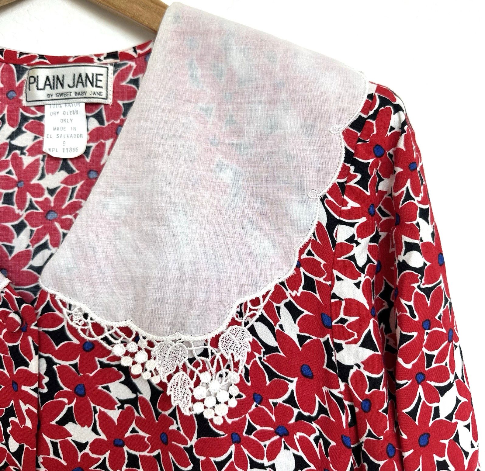 Vintage 90s Plain Jane Floral Fit & Flare Rayon Dress 9 Peter Pan Collar