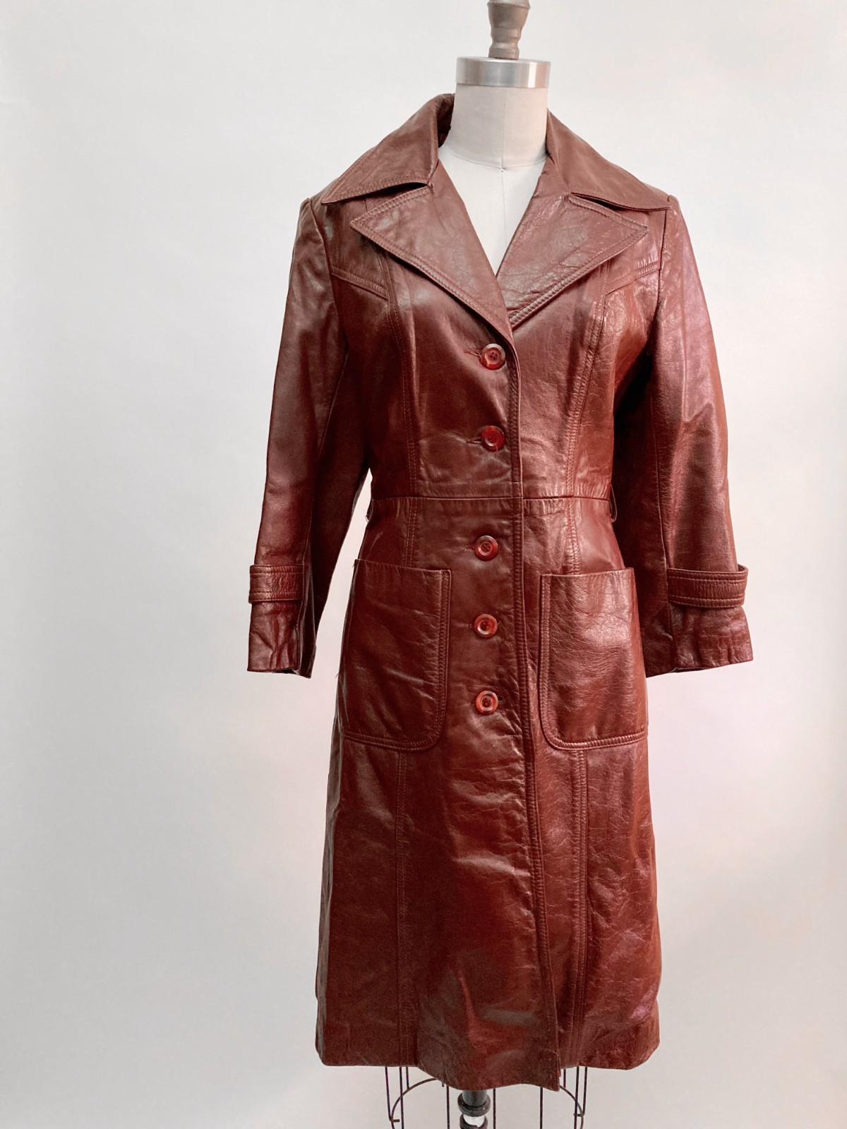 Vintage 70s Oxblood Red Leather Trench Coat Duster Argentina Exaggerated Collar