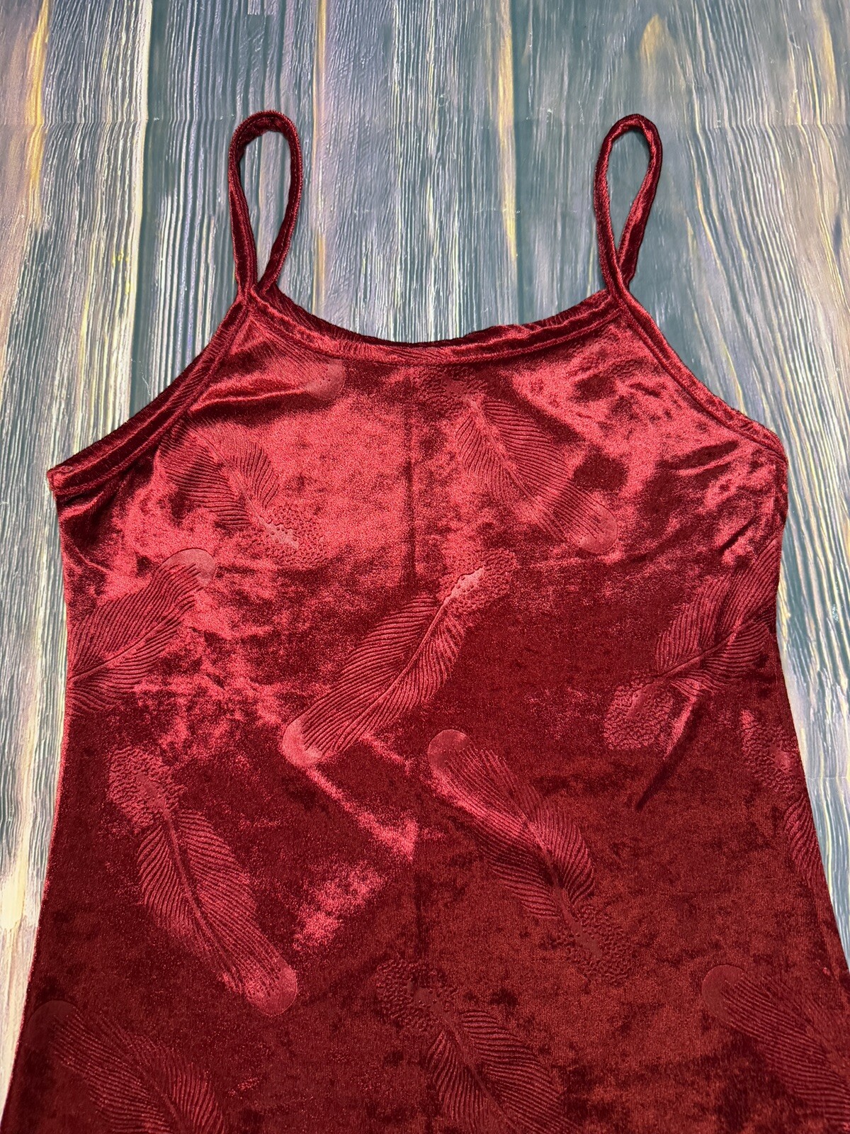 Vintage 90s Y2K Whimsy Goth Velvet Blood Red Feather Embossed Print Maxi Dress