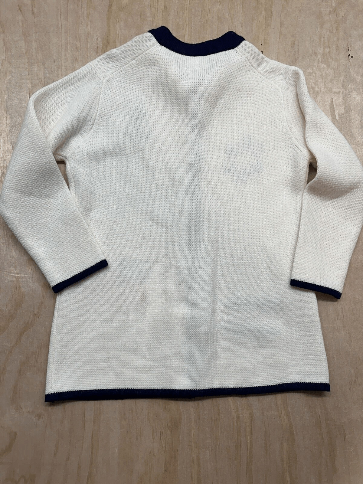 VTG 60s Ivory Wool Navy Trim Gold Button Cardigan w Sailing Boating Embroidery S