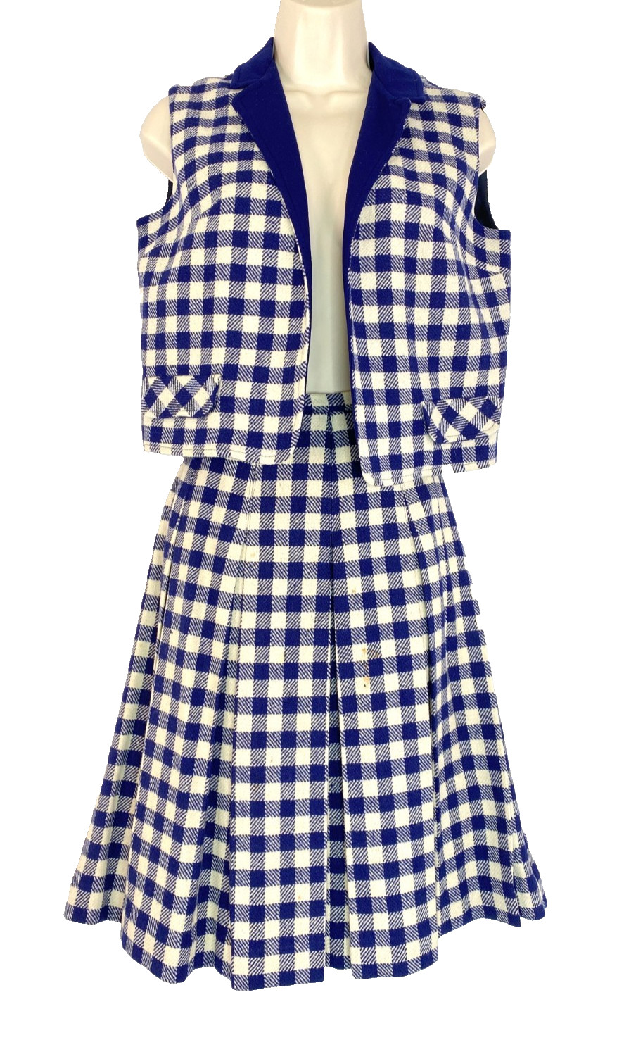 Vintage 1960s blue white check skirt vest set S sleeveless wool outfit navy top