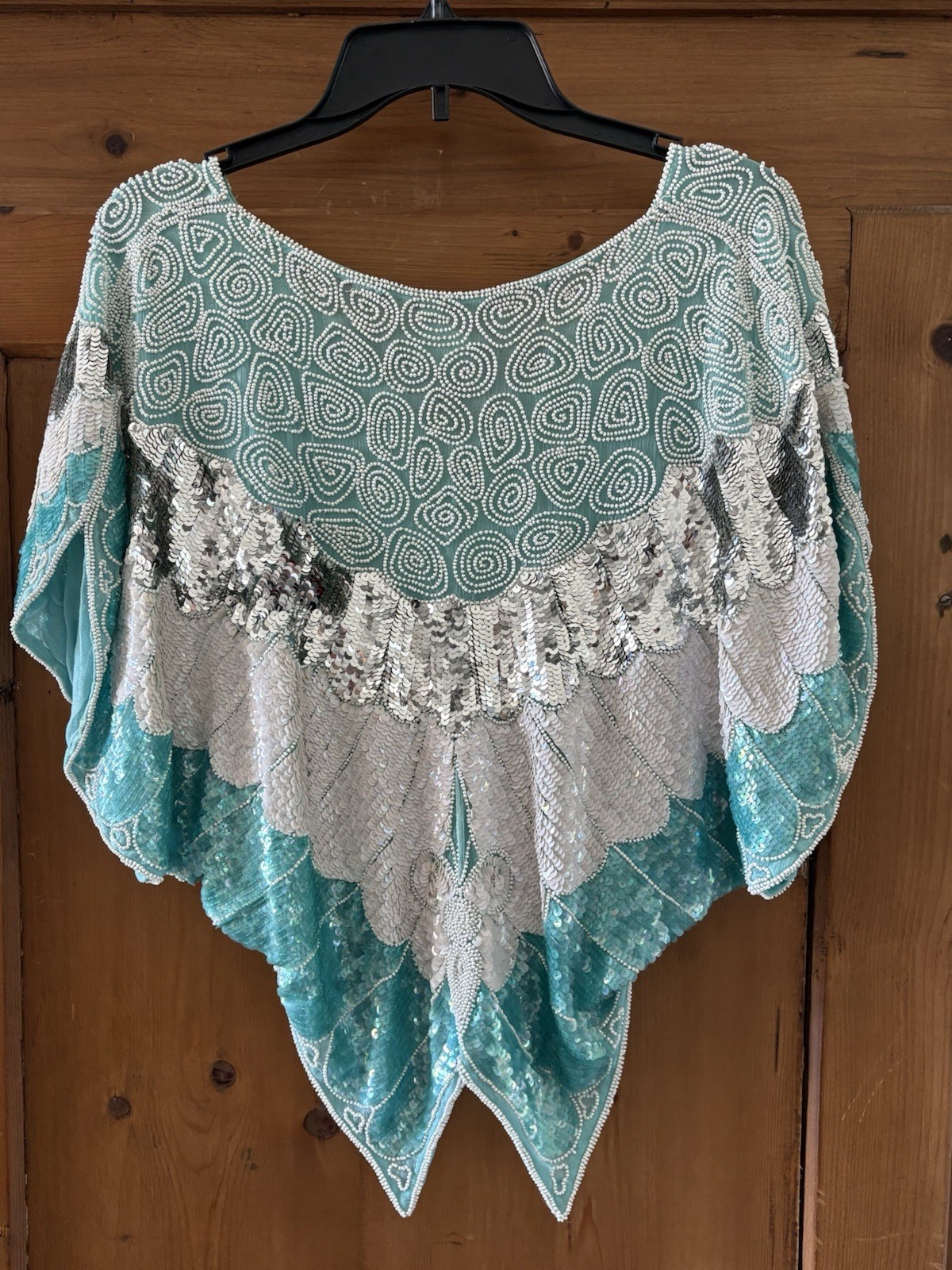 Vintage Suzette International Paris Santa Fe Sequence Butterfly Top teal silver