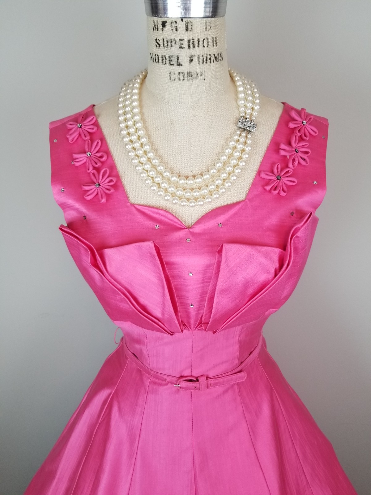 Vintage 1960’s Hot Pink Party Dress Rhinestone & Floral Details Ladies Size Sm