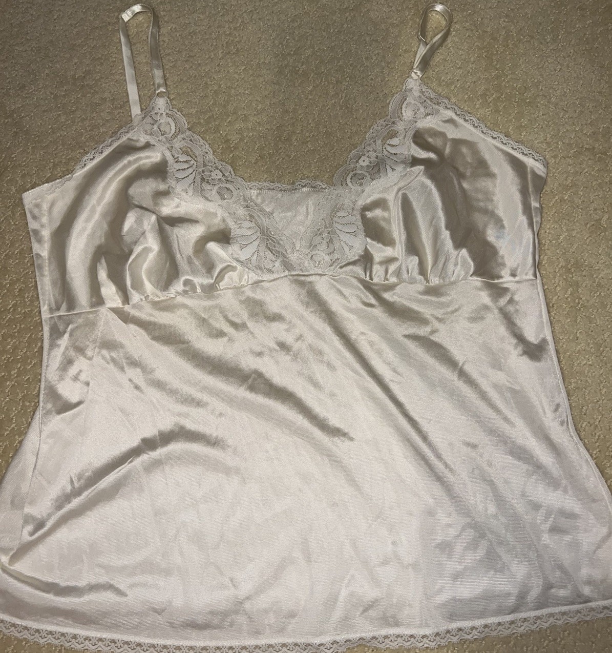 Vtg 70s Maidenform Satin Lace Camisole Ivory Cami ILGWU Union Made USA M L 10 12