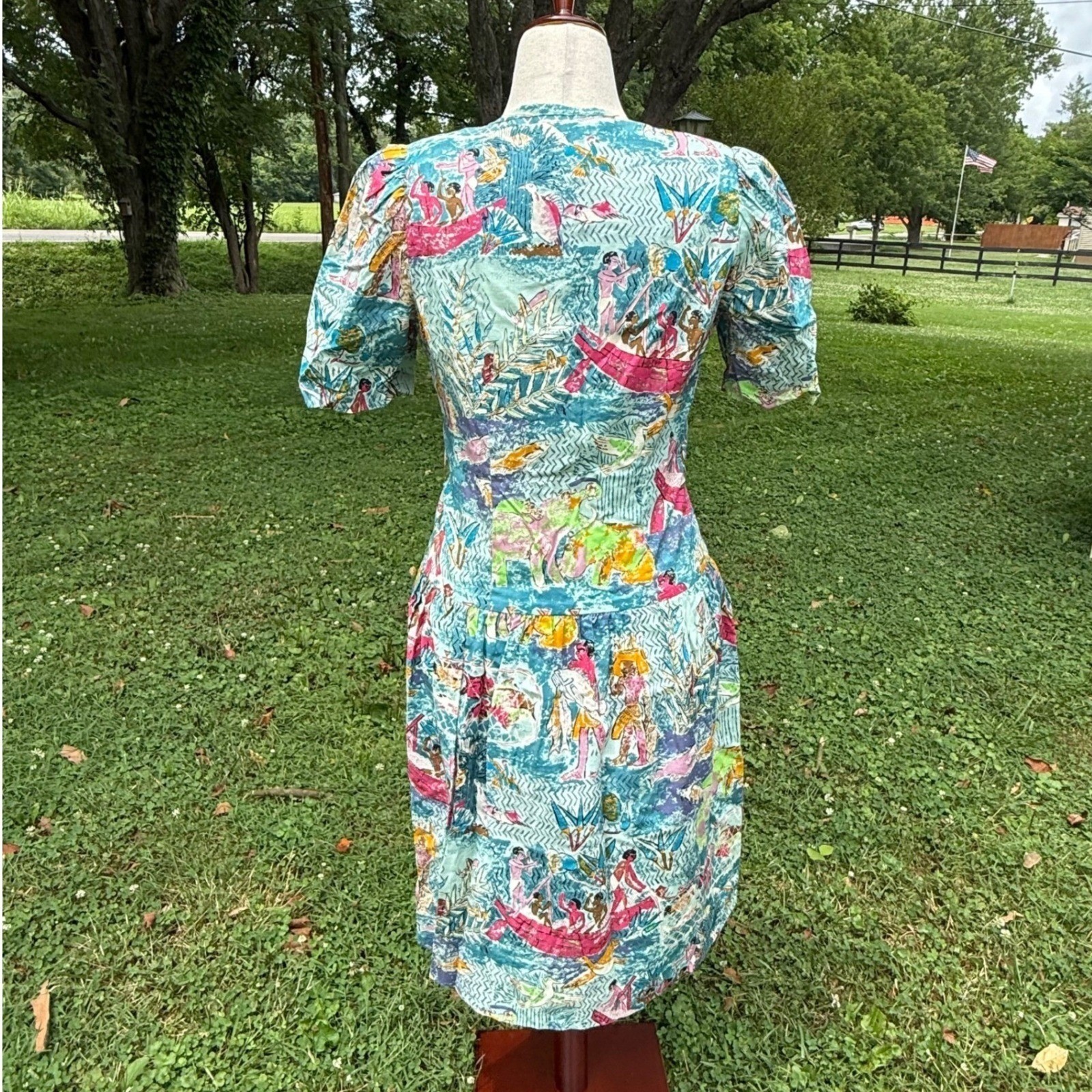 VTG Jane Schaffhausen Belle France Success Tropical Print Dress 10 Whimsy 80s