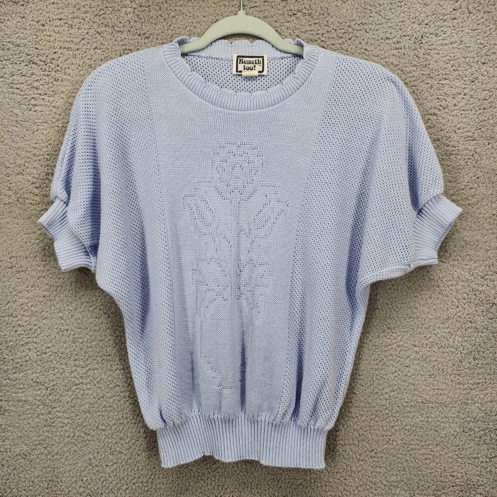 Keneth Too! Vintage Women Light Blue Pointelle Rose Short Sleeve Sweater Small