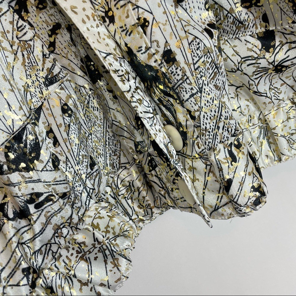 Vintage 80s Jacket Metallic Floral White Gold Black Windbreaker Sparkly Eclectic