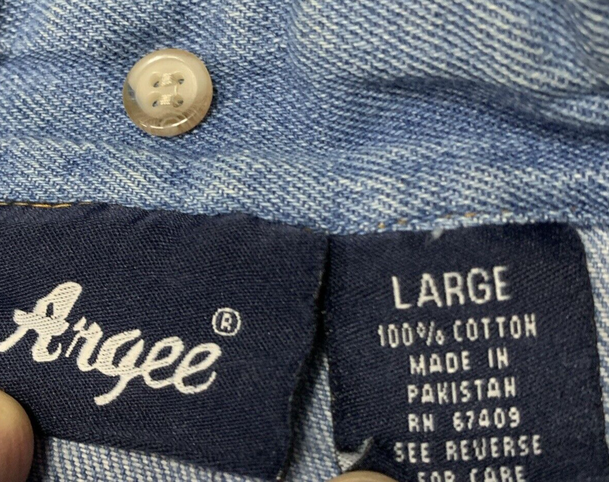 VTG Argee Denim Shirt Women’s L Western Classic Band Collar Blue Button Up