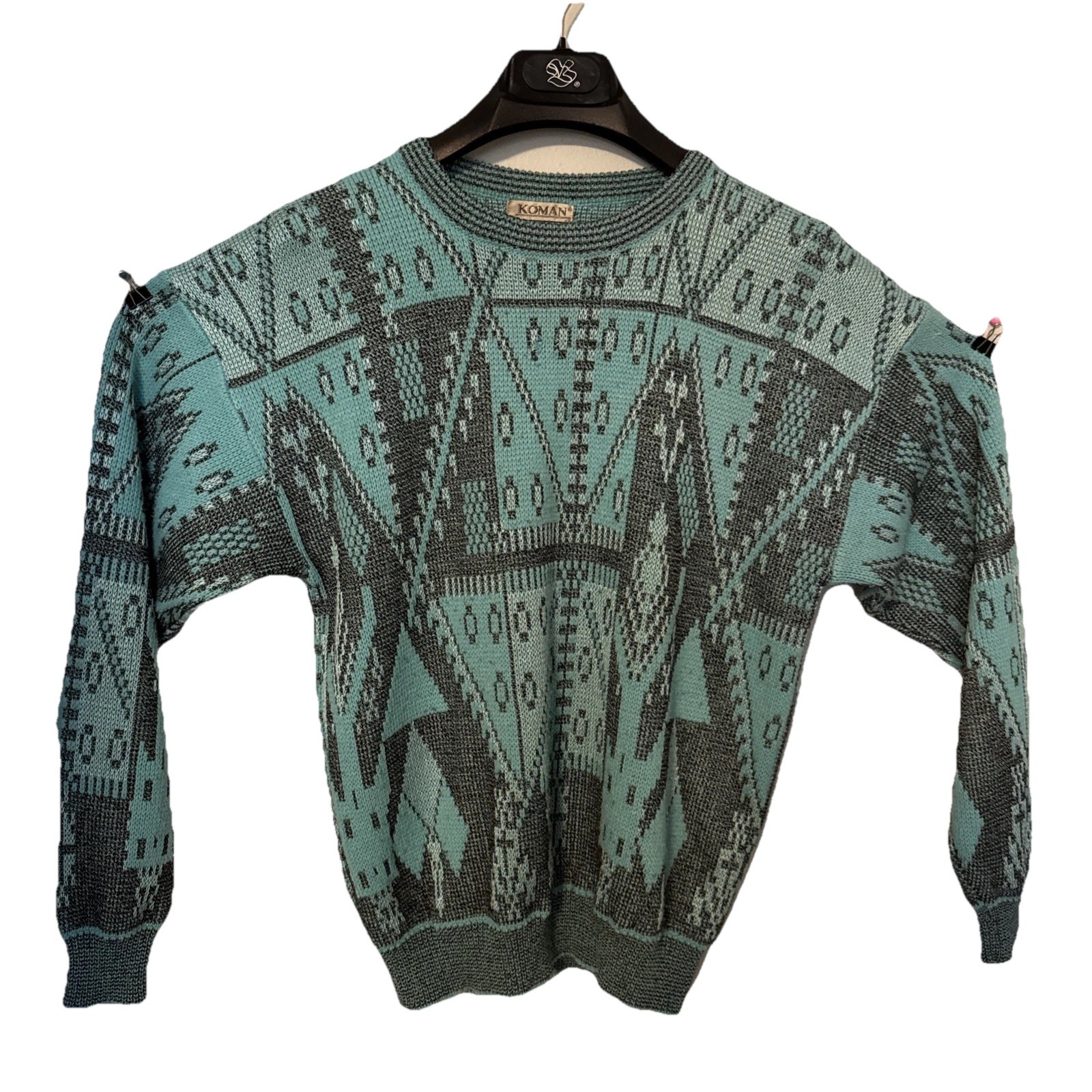 Vintage 1980’s Koman Retro Aqua Blue Black Sweater Sweater XL Y2K vibe Tribal