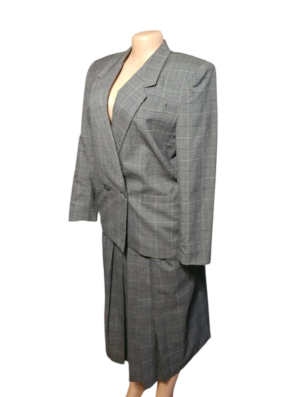 VTG 80s Worthington 2 Piece Pleat Skirt Suit Windowpane Plaid Women 12 Classic