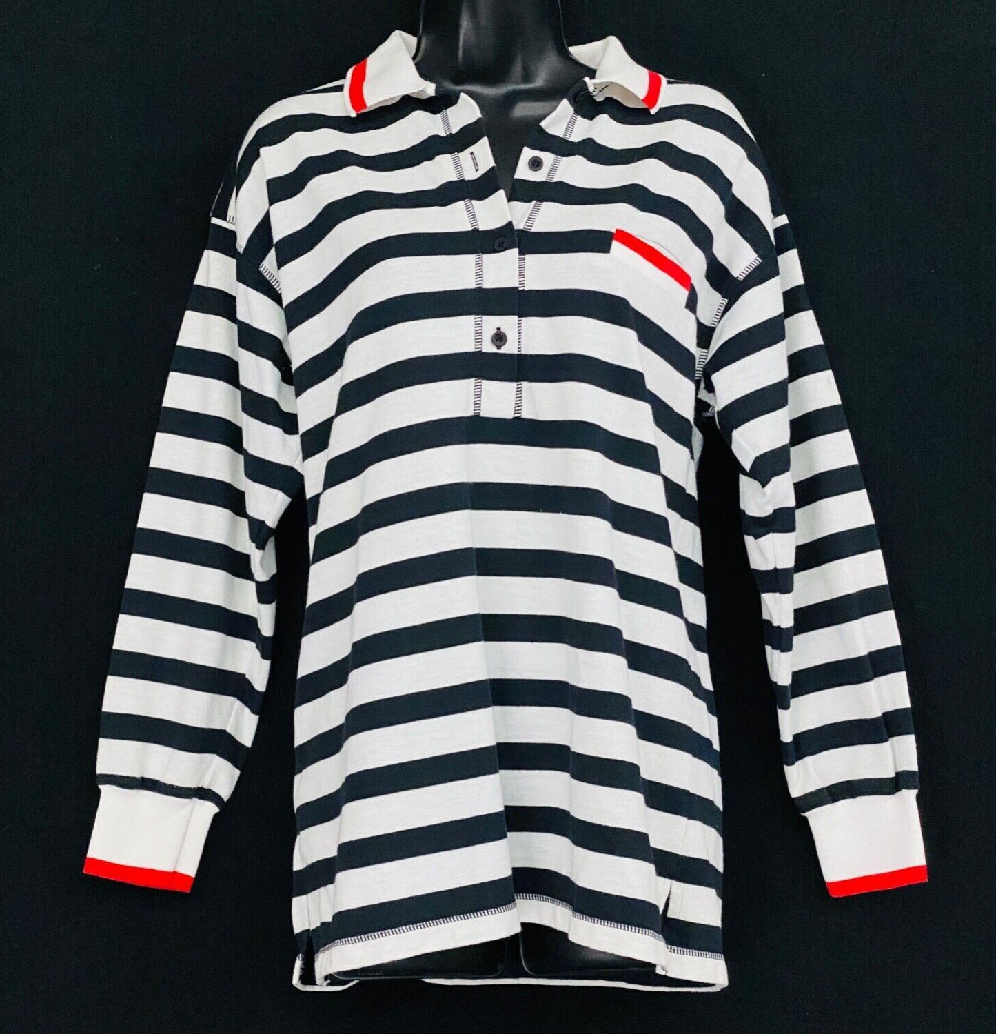 Vintage 1980s black white striped shirt, cotton long sleeve top red collar M L