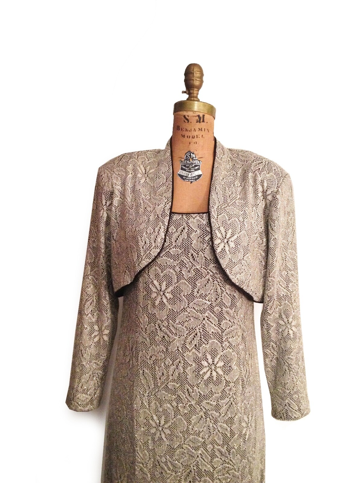 Vtg. 1950s Metallic Lace Evening Gown / Long Sheath / Cocktail Dress and Bolero
