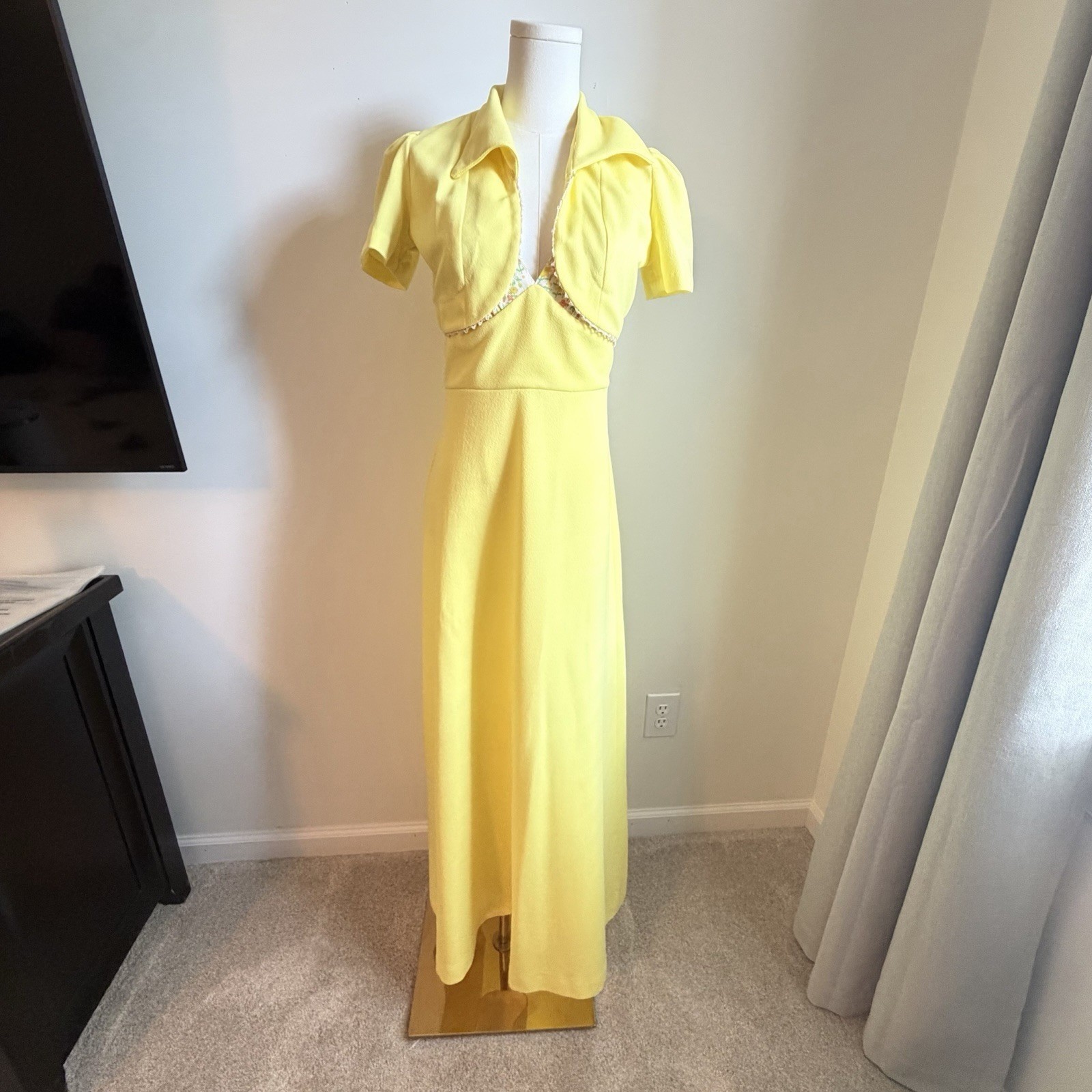 Vintage 1970s Halter Maxi Dress & Bolero Jacket Deep V Mod Floral Retro *Fits M