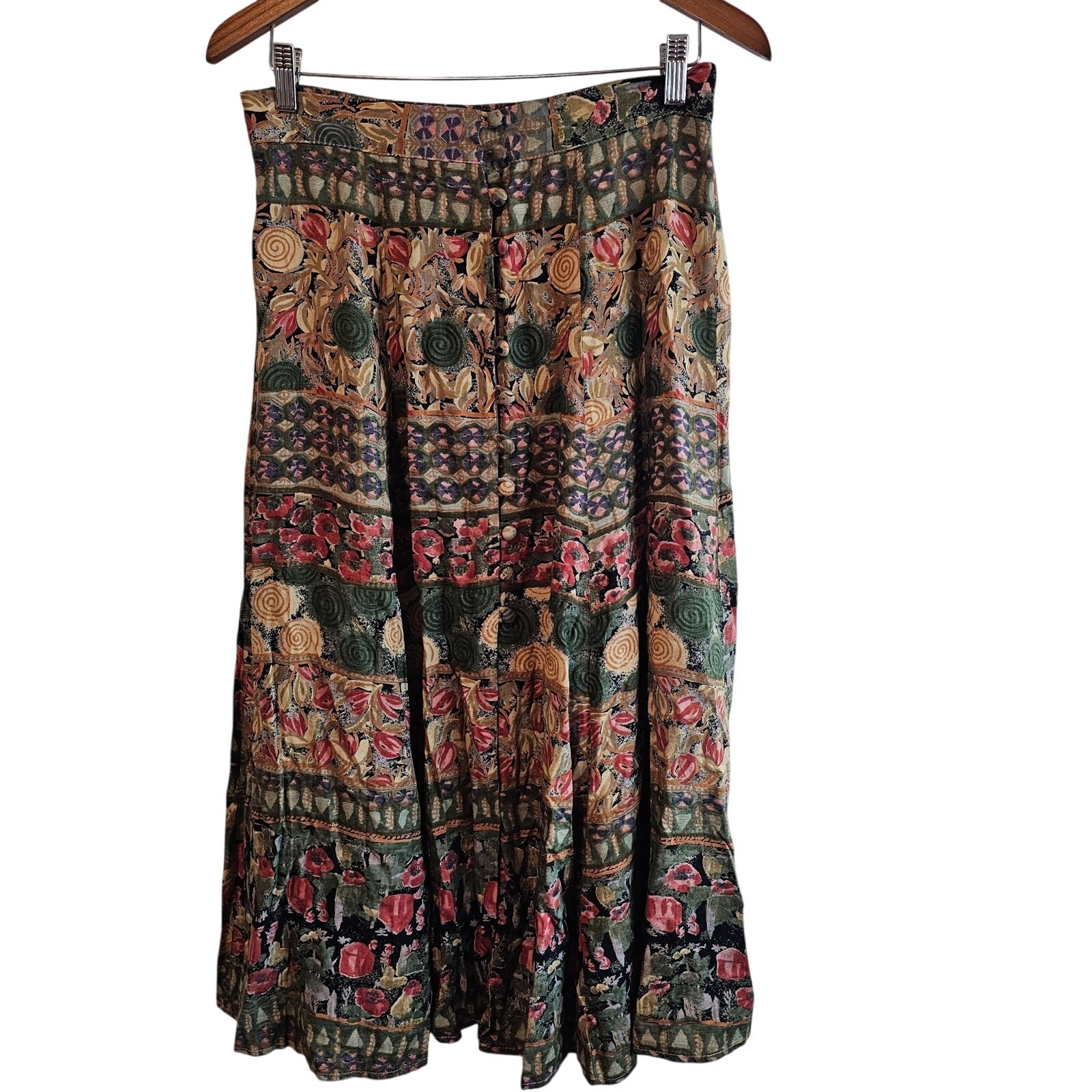 Vintage Floral Skirt Women Small Tan Pink Cottage 90s Midi Coquette Prairie Full
