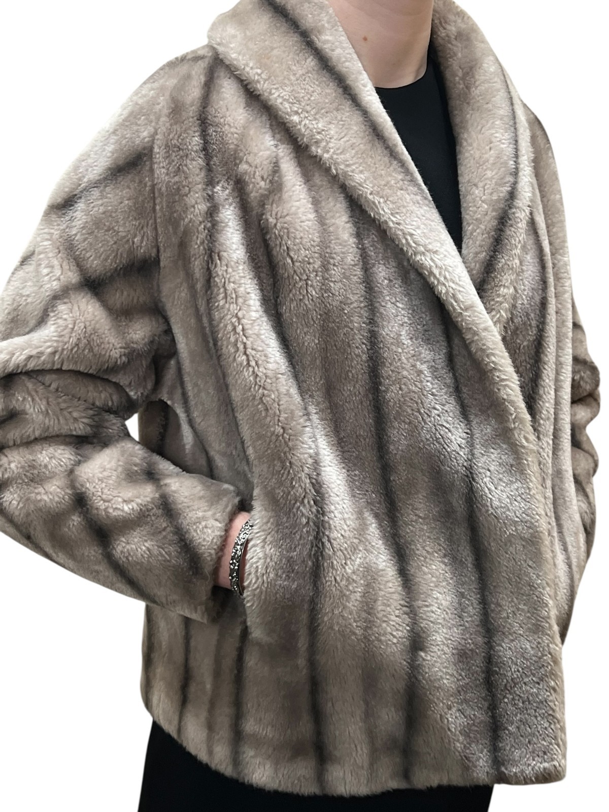 Vtg 50 60s Sz S~M~Sm L FAUX FUR Jacket Coat Silver Dark Stripe Stroller Wrap