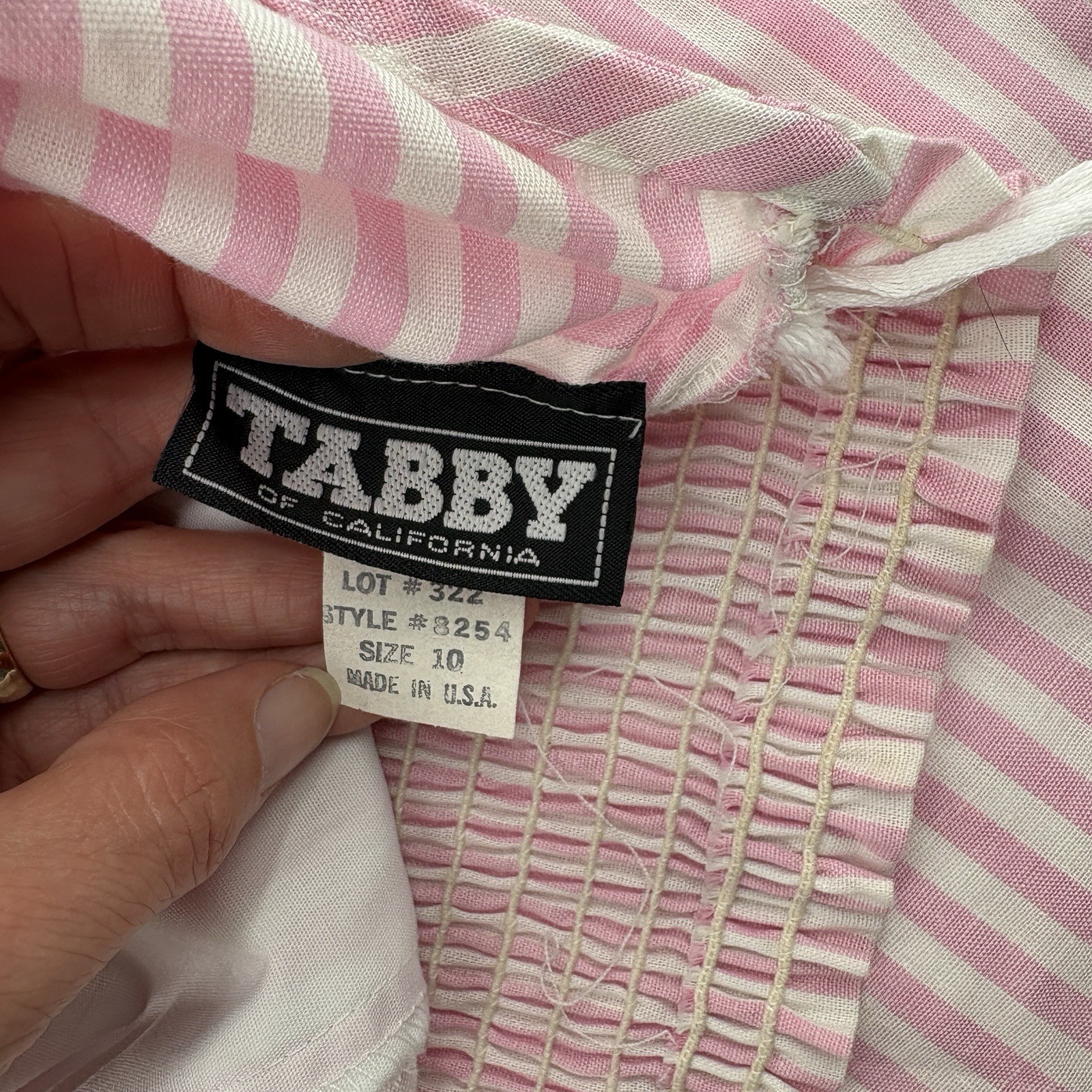 VTG 80s TABBY Pink White Candy Stripe Halter Dress White Collar Smocked USA