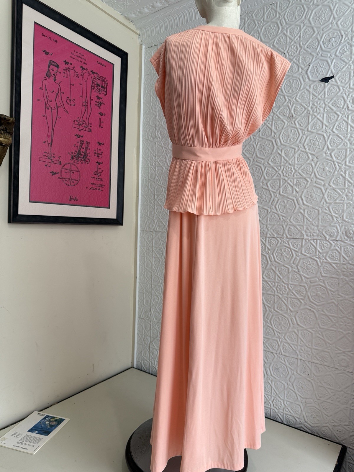 vintage 1970s peach gown-Prom-Party-Bridal-S/M orange maxi dress Femme pink