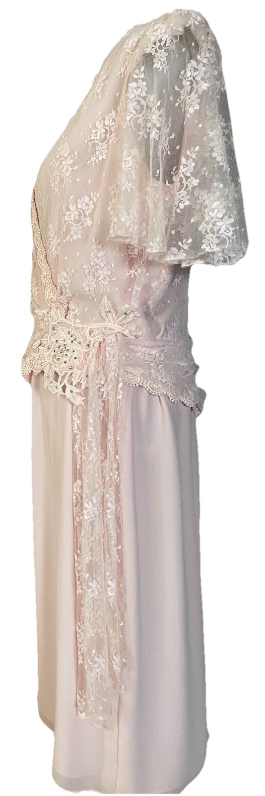70s Embroidered Floral Lace Midi Dress Sz 15/16 Pink Flutter Sleeve Cocktail