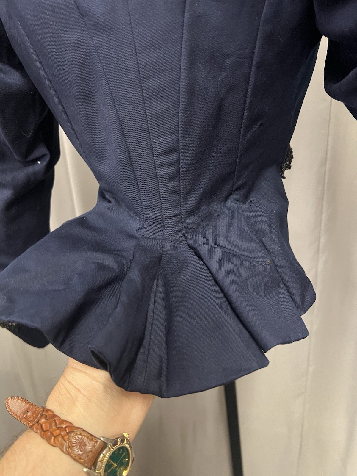 1890’s Royal Blue Bustle Gown Bodice Trimmed In Jet Beads & Silk