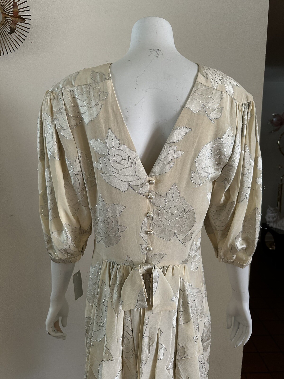1980s Hanae Mori Silk Dress Metallic Rose Damask Bow Frost Bros VTG