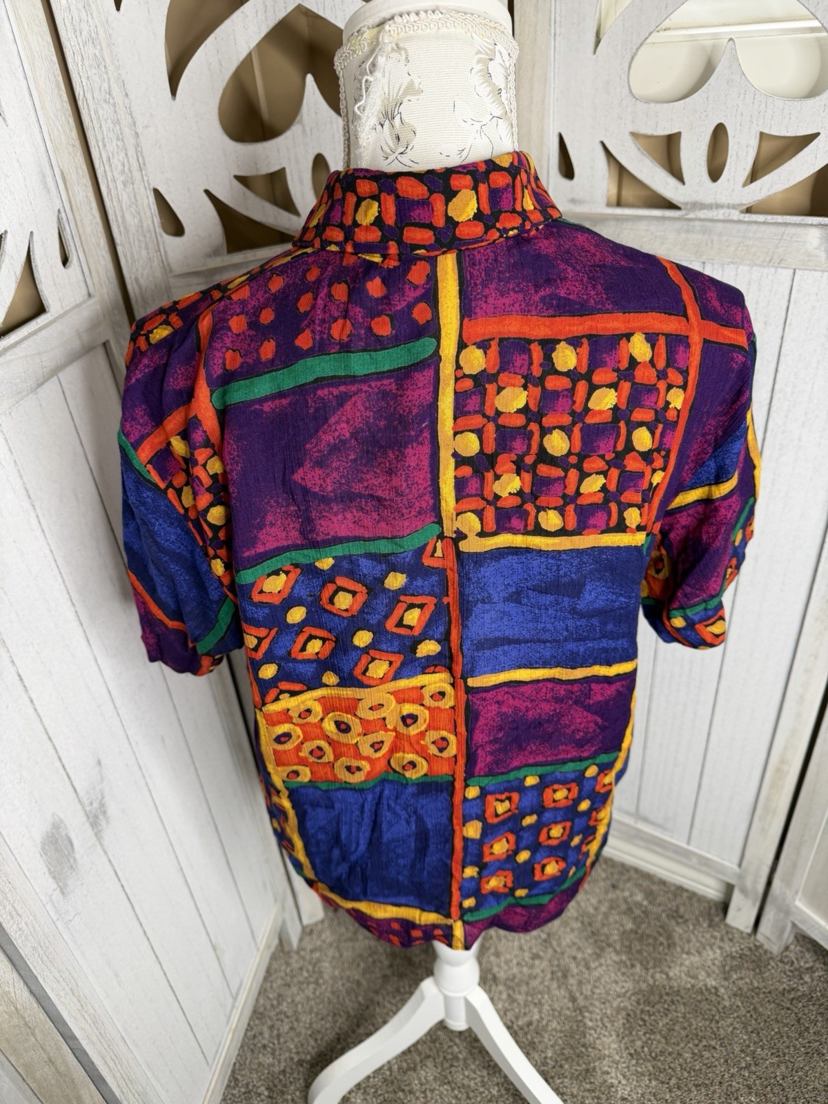 Vintage Button Down Top Funky Colors USA 80s 90s Artsy Hippie Indie Sz Medium