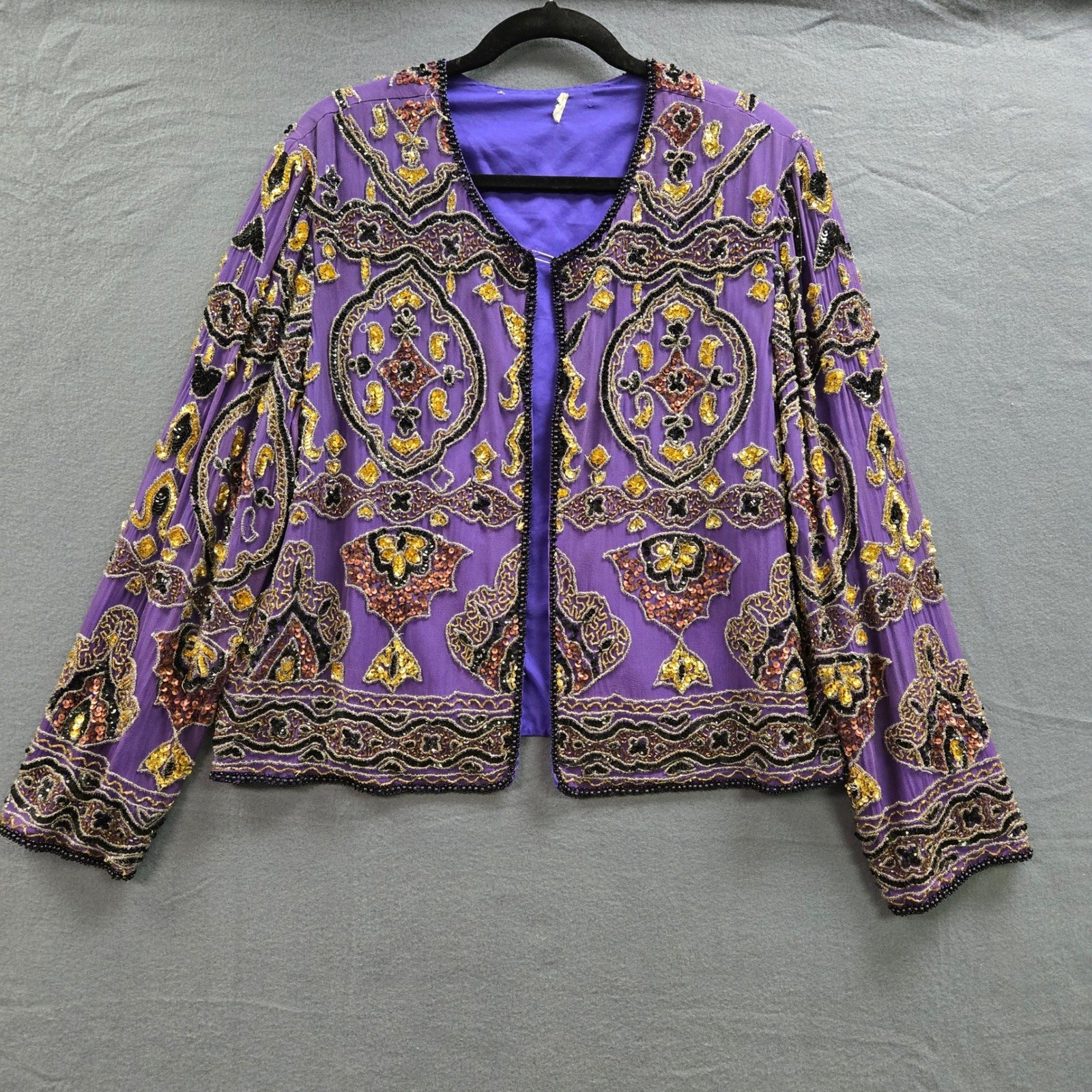 Vintage Beaded Silk Jacket Maximalist XL Purple Sequin Open Festival Art Deco
