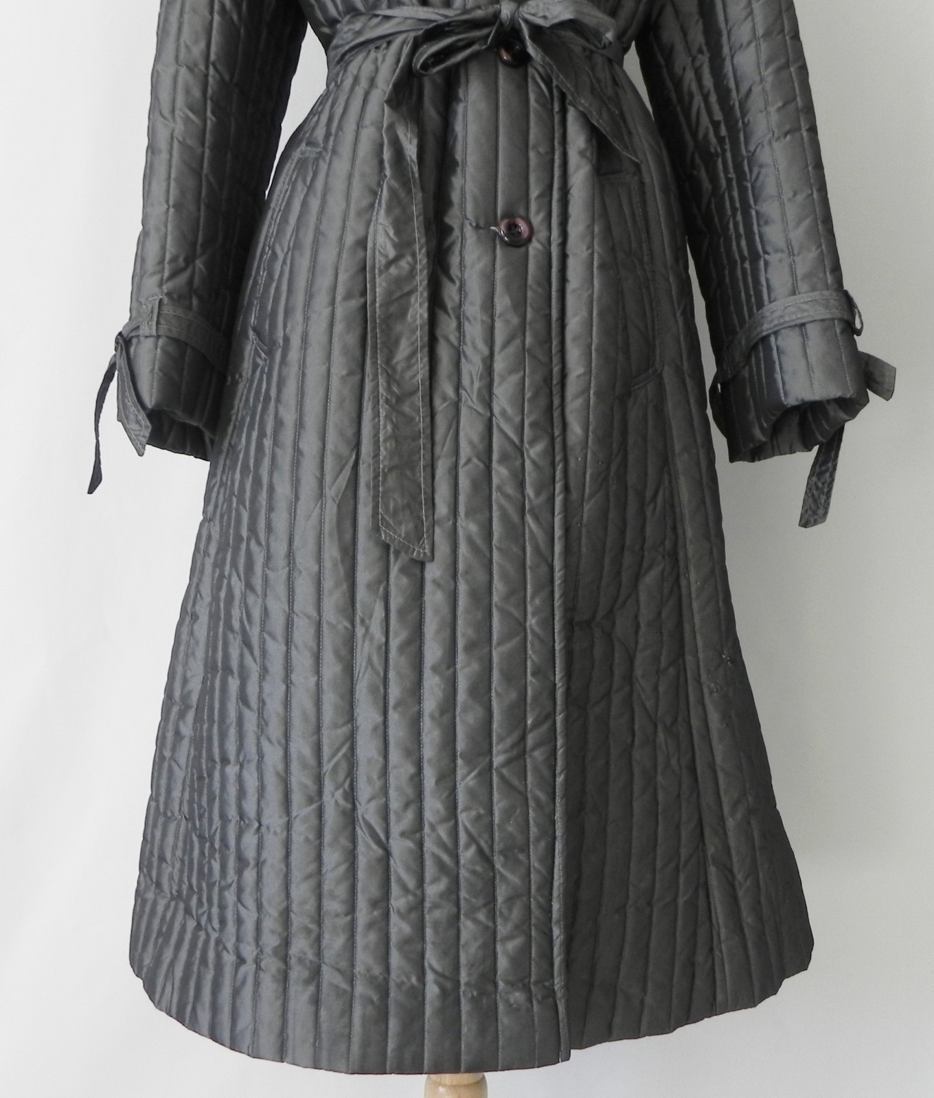Union Made Quilted Puffer Coat Insulated Gray A-Line Fur Collar Belted Pockets M