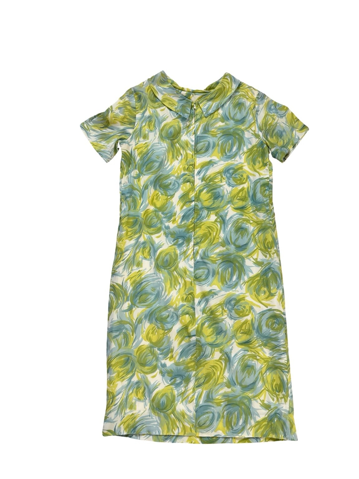 Vintage 1960s Sheer-Test Shift Dress Green Blue Abstract Mod Collar Dress