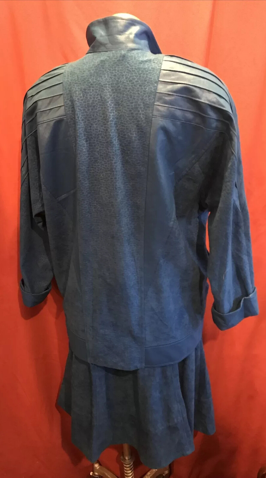 VTG 80s JO HARDIN Skirt Blazer Jacket Blue Faux Suede / Faux Leather Size Large