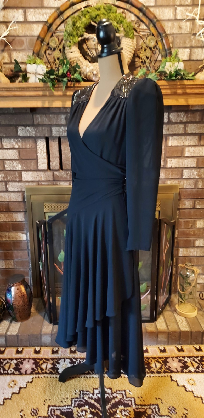 Vintage Casadei Black Beaded Ruched Asymmetrical Hem Wrap Cocktail Party Dress 6
