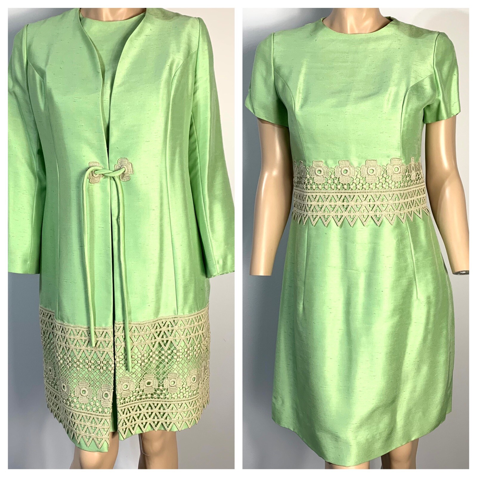 Vintage 60s Alfred Werber Suit Crochet Lace Shiny Dress Coat 12 See Description