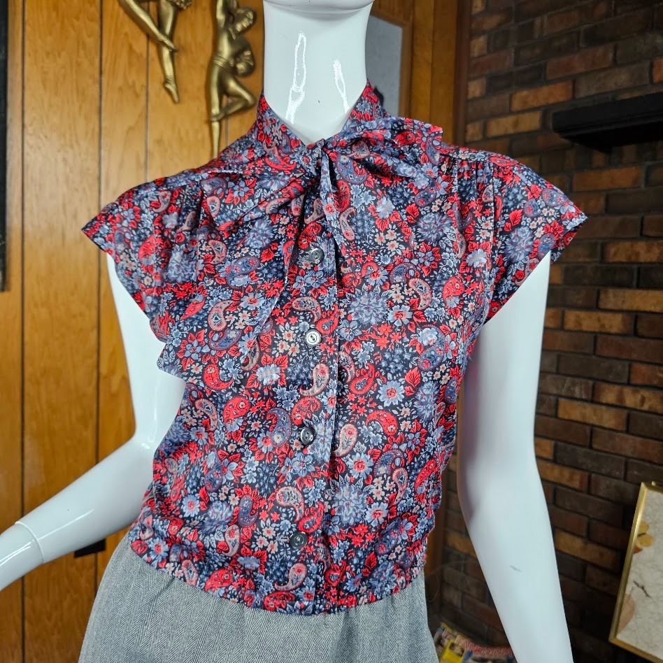 Vtg 80s Pussy Bow Power Suit Paisley Floral Dress w/ Blazer Secretary Dress M