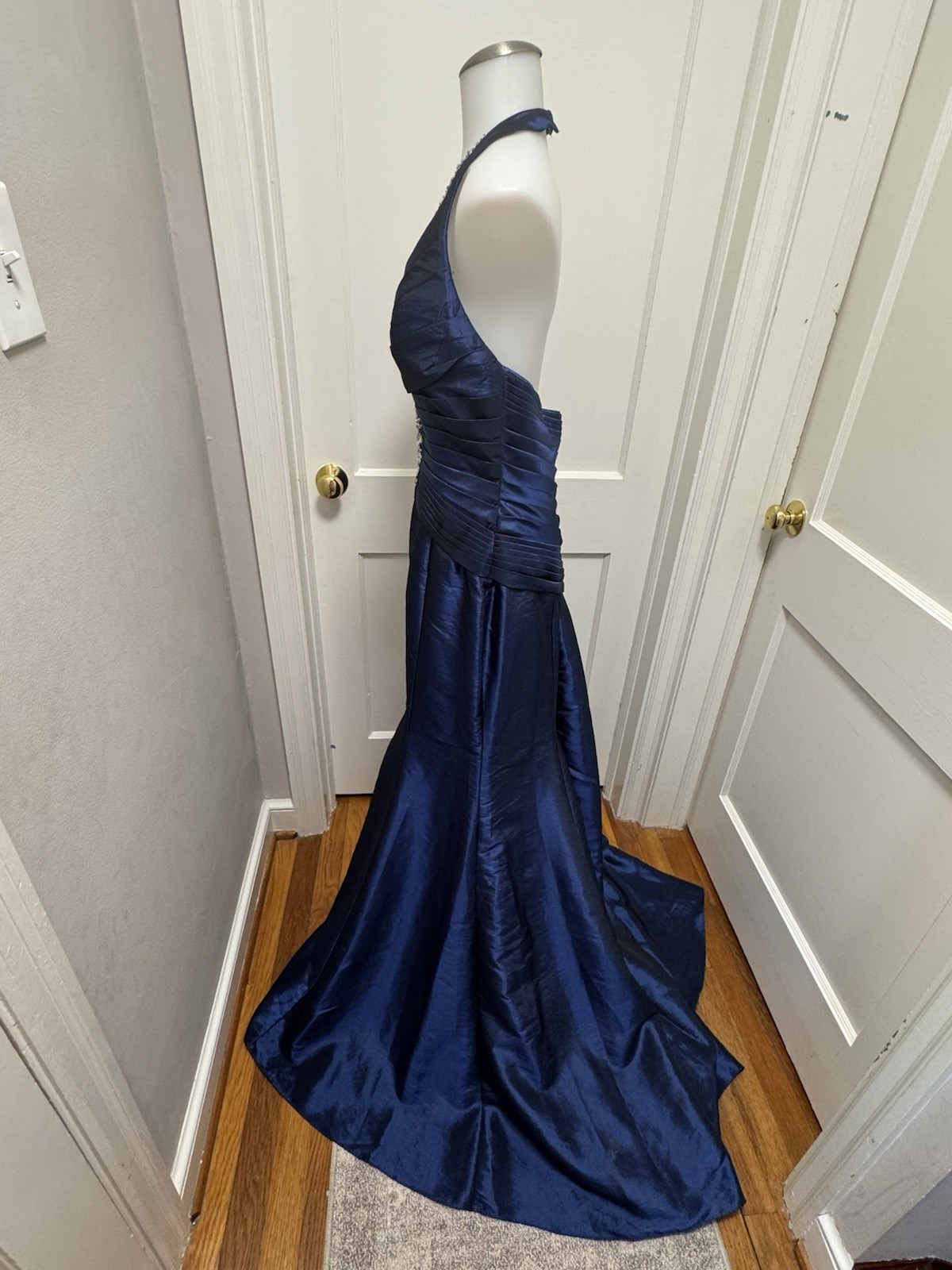 VTG B’Dazzle Alyce Designs Cobalt Blue Beaded Halter Mermaid Gown Dress Sz 8