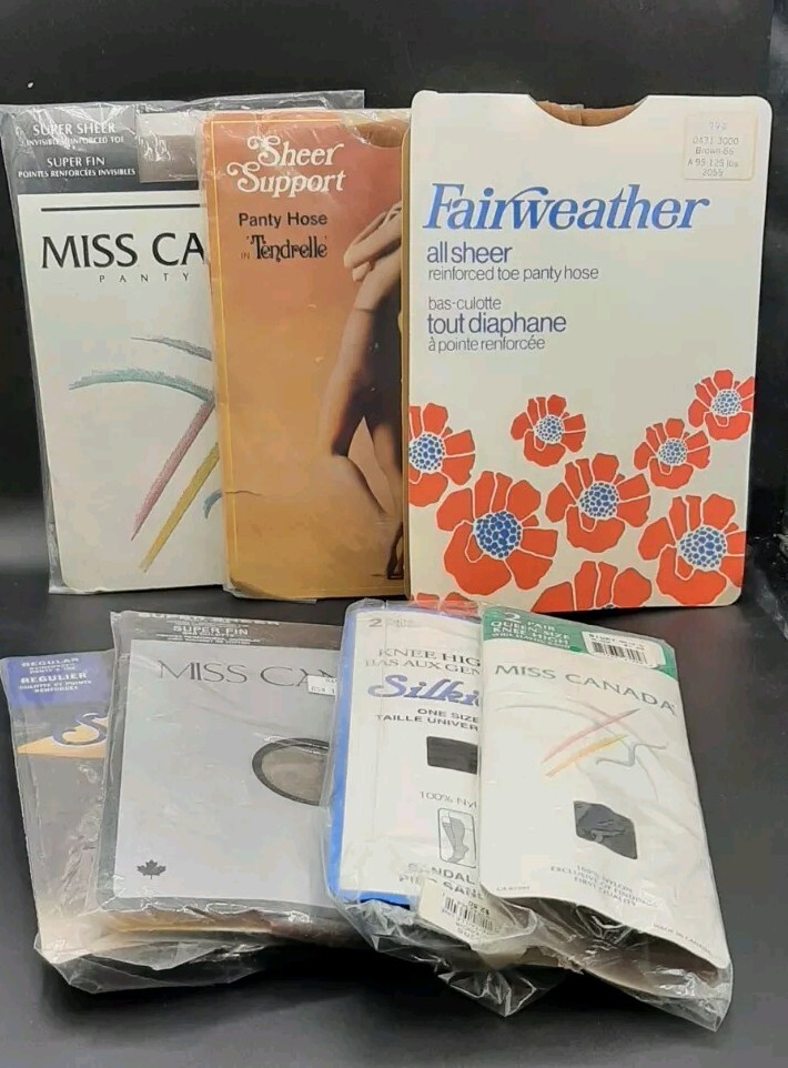 NOS 5 Woman’s Pantyhose & Two Knee Highs Silkies Fairweather Miss Canada Normal
