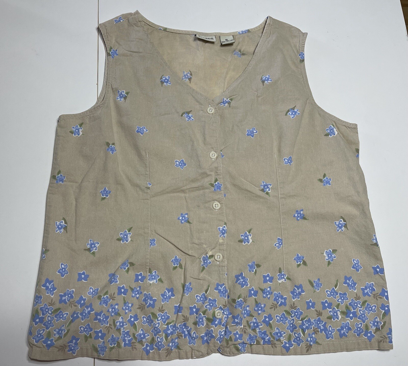 Vintage 90s Classic Elements Beige & Blue Floral Button Up Shirt Tank