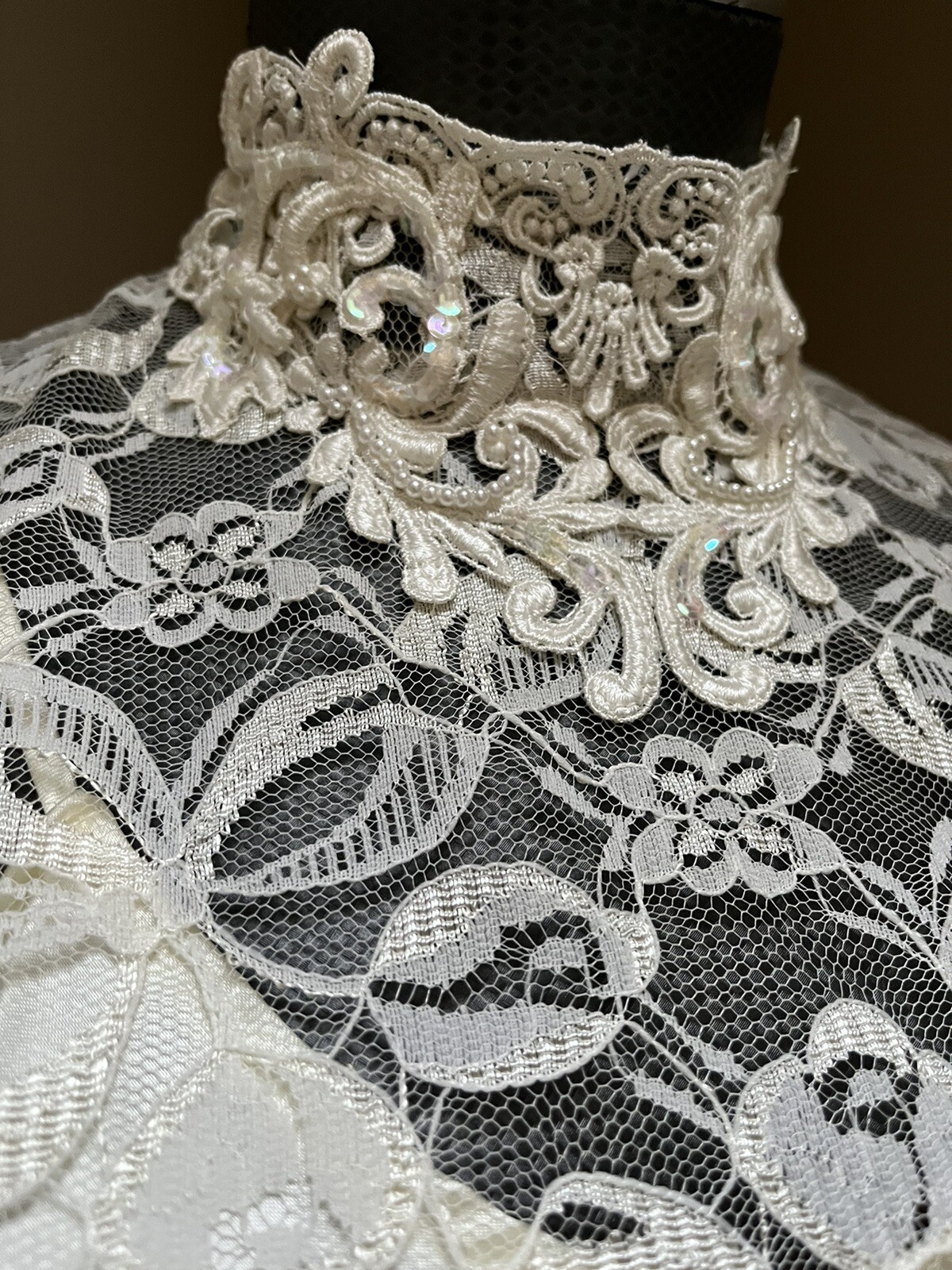 Vtg Lace Dress Victorian Style Drop Waist Midi High Collar Sequin SMALL