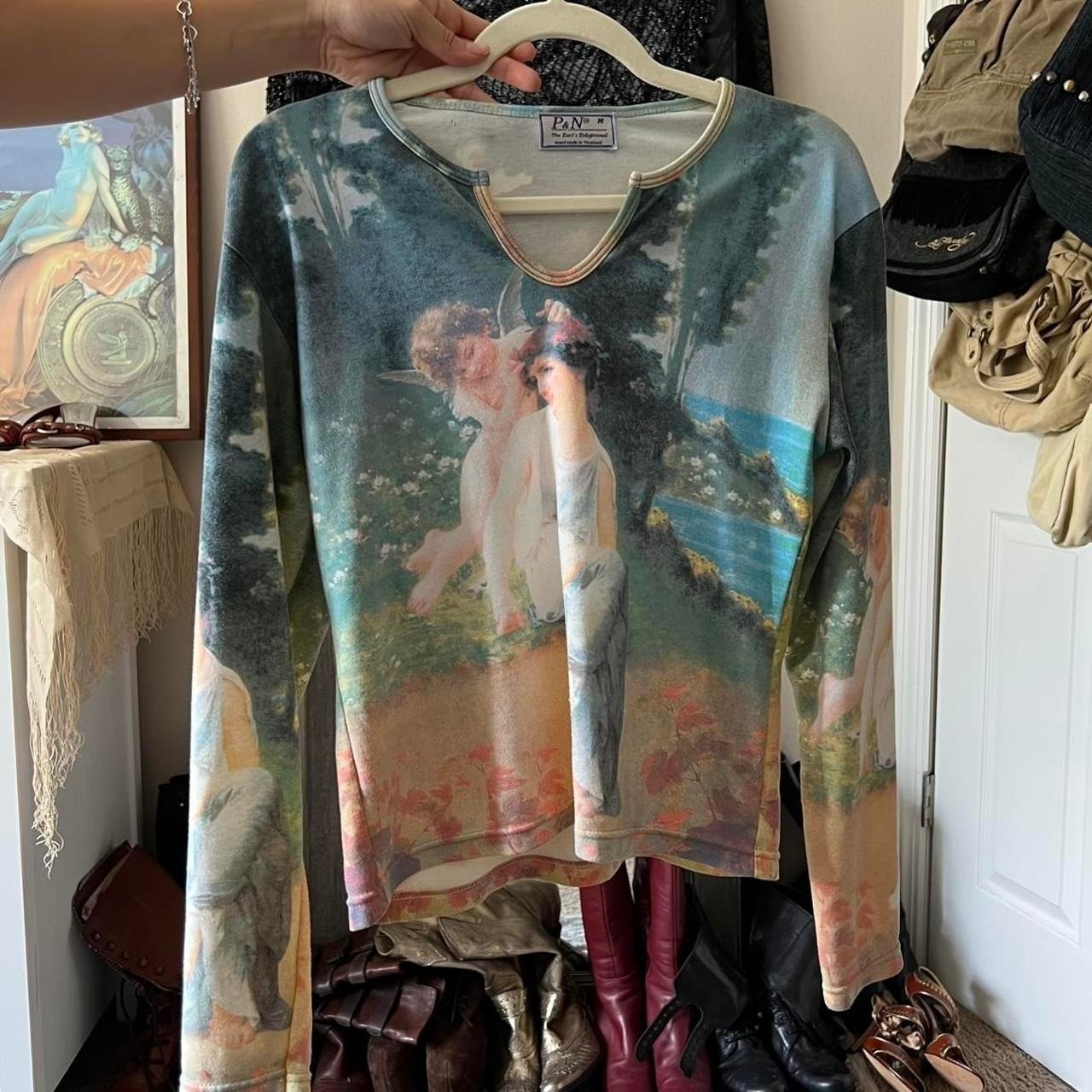 P&N Vintage 2000s Fairy All Over Print Long Sleeve Top Blue Fairycore Y2K M