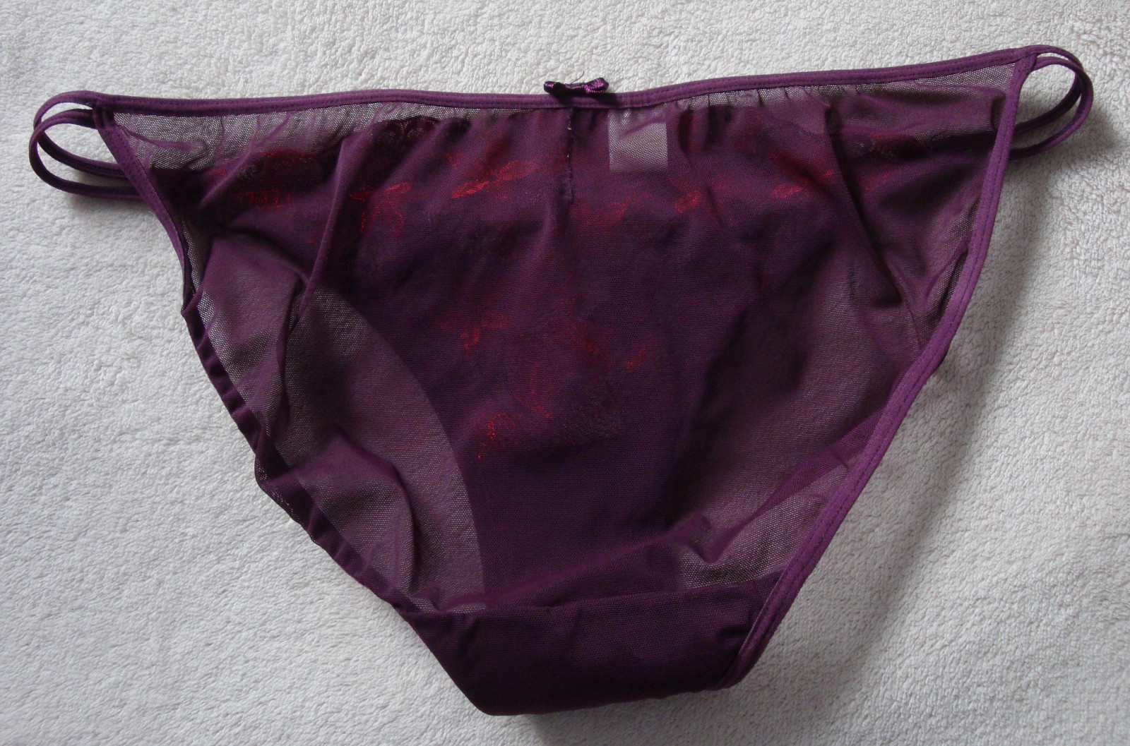 Vintage 7 L Purple Mesh Double String Bikini Panty w/ Floral Lace & Bows