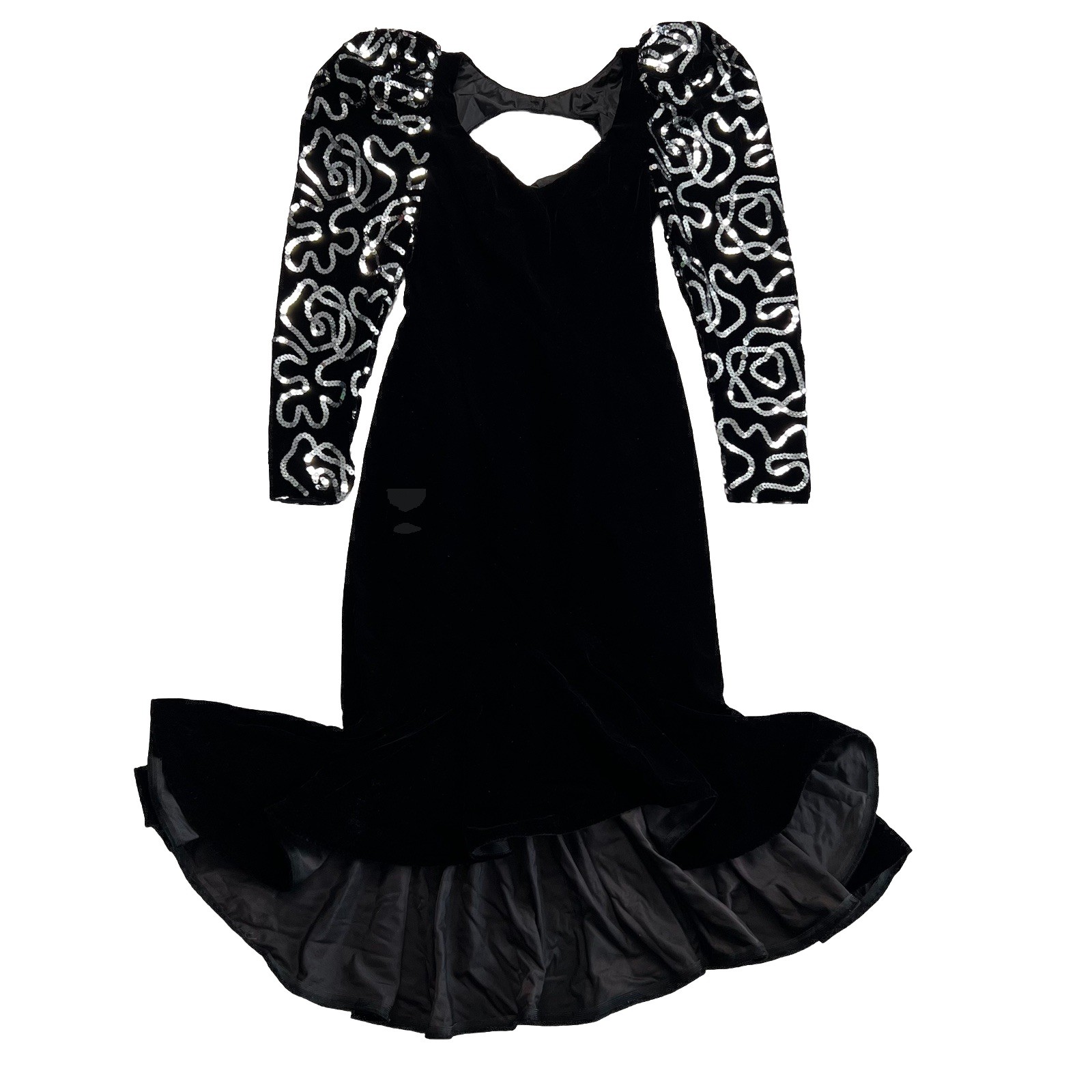 1990s Dave & Johnny Black Velvet Silver Sequined Putt Sleeve Flared Dress 7/8