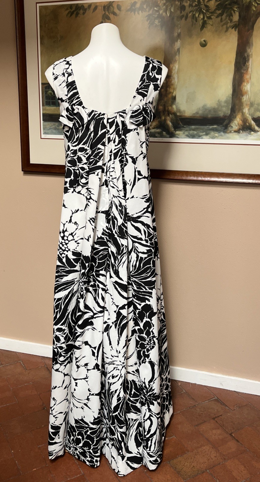 VTG 70s Ja Na of Hawaii Dress Maxi Sleeveless Bows Zip Floral Black White Sz M