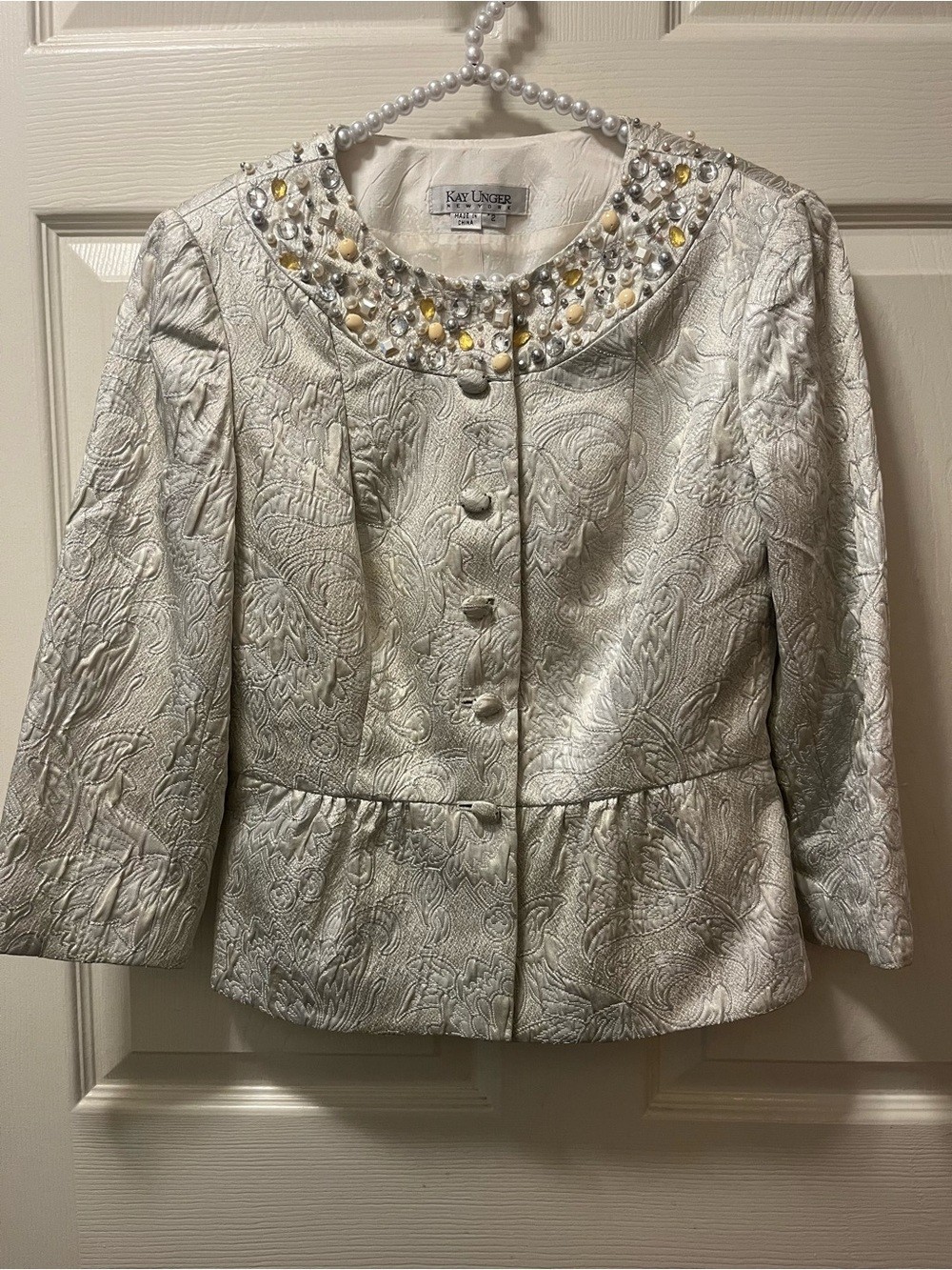 Vintage KayUnger Metallic Silver Brocade Peplum Jacket Jeweled Beaded Collar Sz2