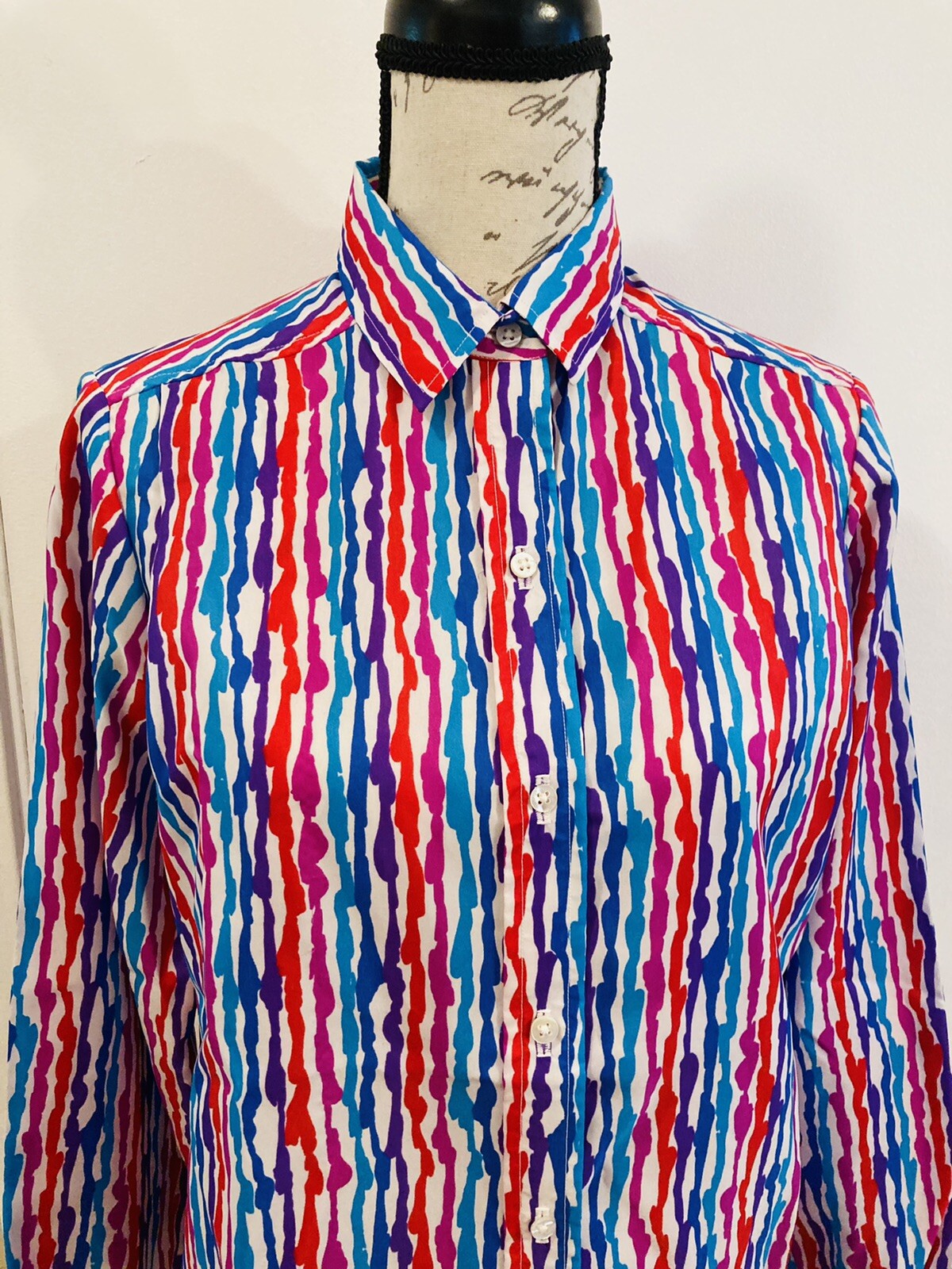 EVAN-PICONE Retro Secretary Vtg Blouse Multi Color Striped Button Up Poly 14 USA