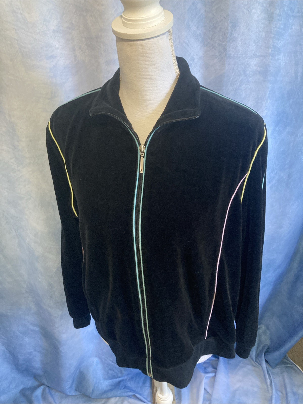 Vtg 90s Y2K Blast Sport Black Velour Track Jacket Pastel Piping Zip Petite Large