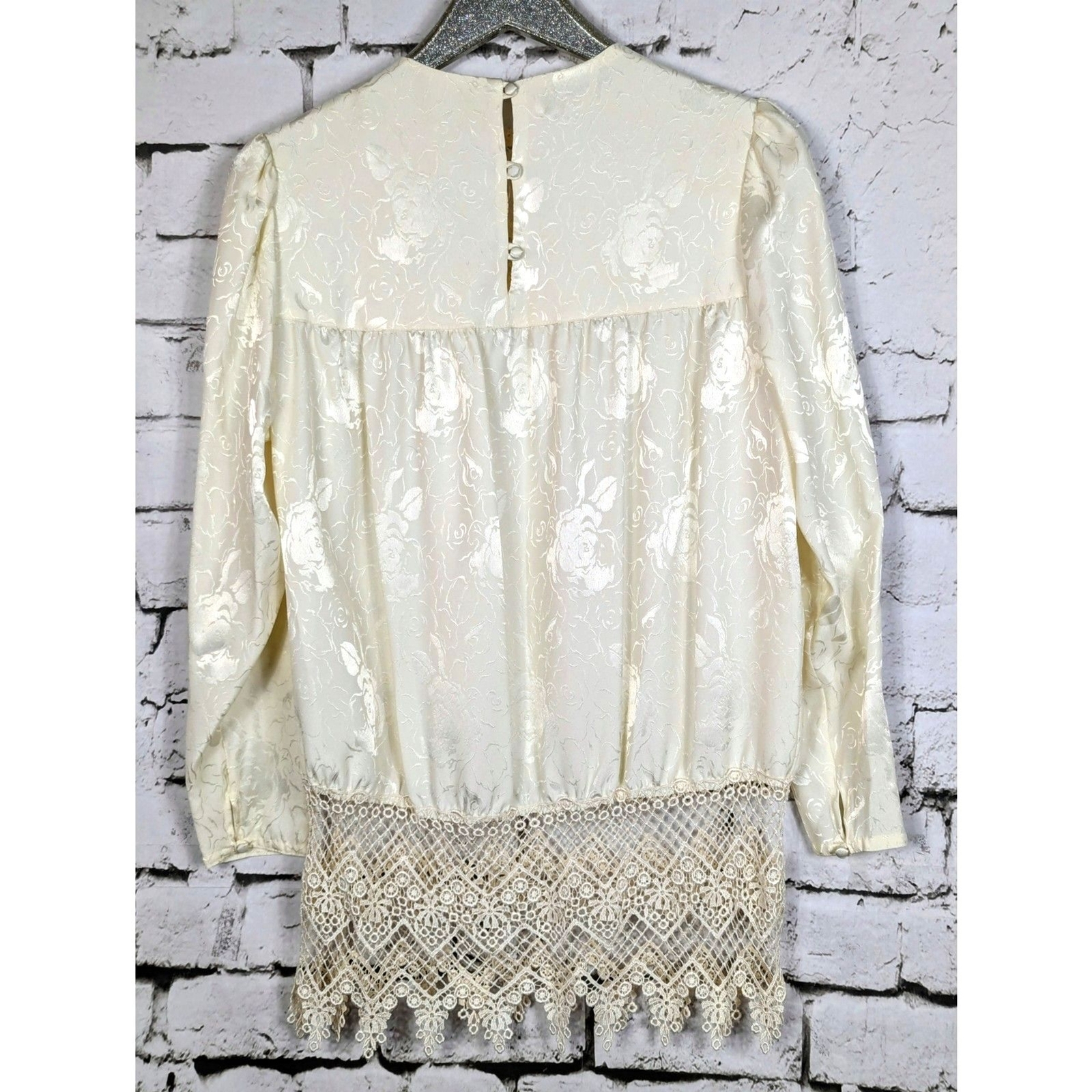 Vintage Victorian Satin Floral-Embossed Lace Blouson Top Maximalist Unique Large