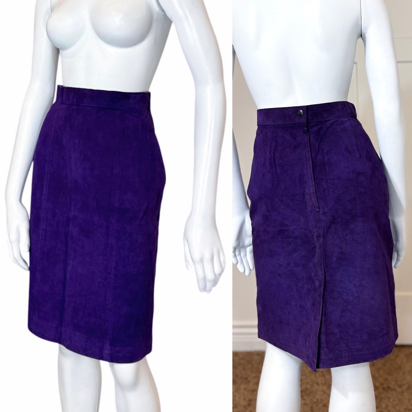 Vintage 80’s SUEDE LEATHER MIDI SKIRT S Purple Pencil Sexy Grunge Goth Slim