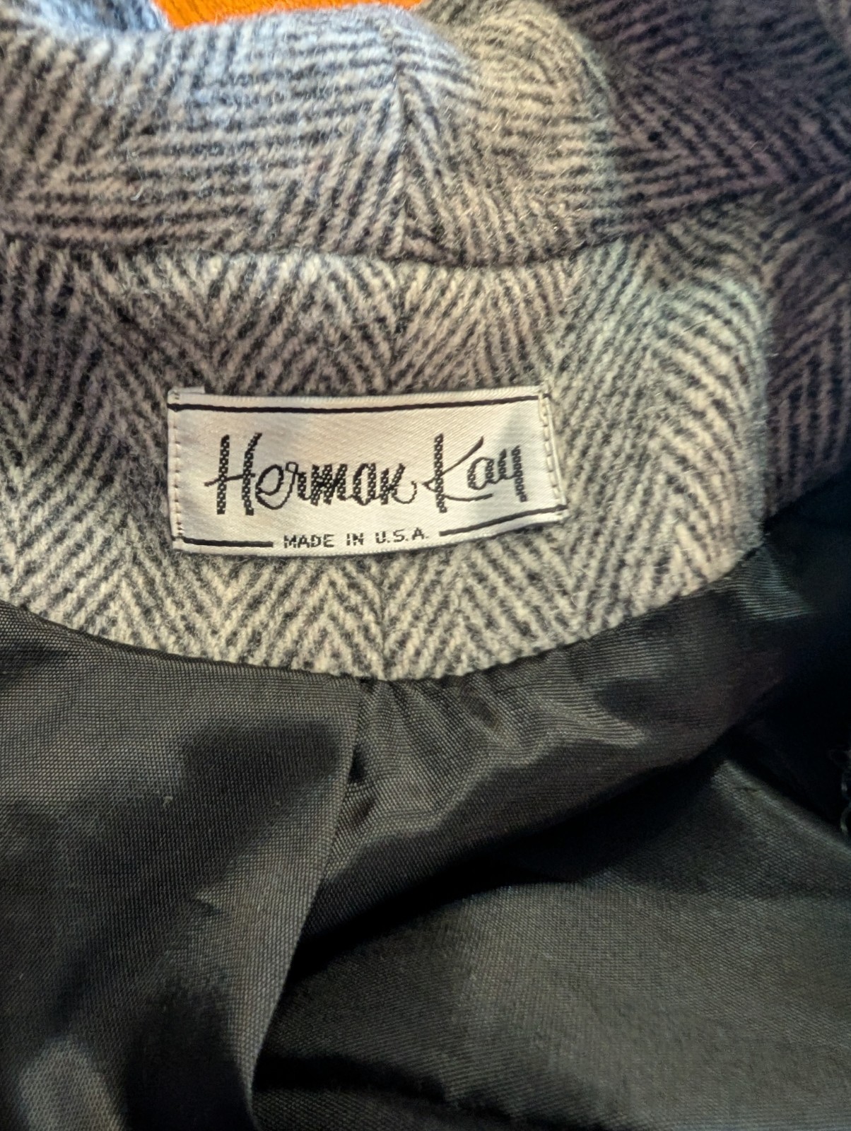 VTG Herman Kay Gray Black Tweed Herringbone Wool Pea Coat Overcoat Sz Large L