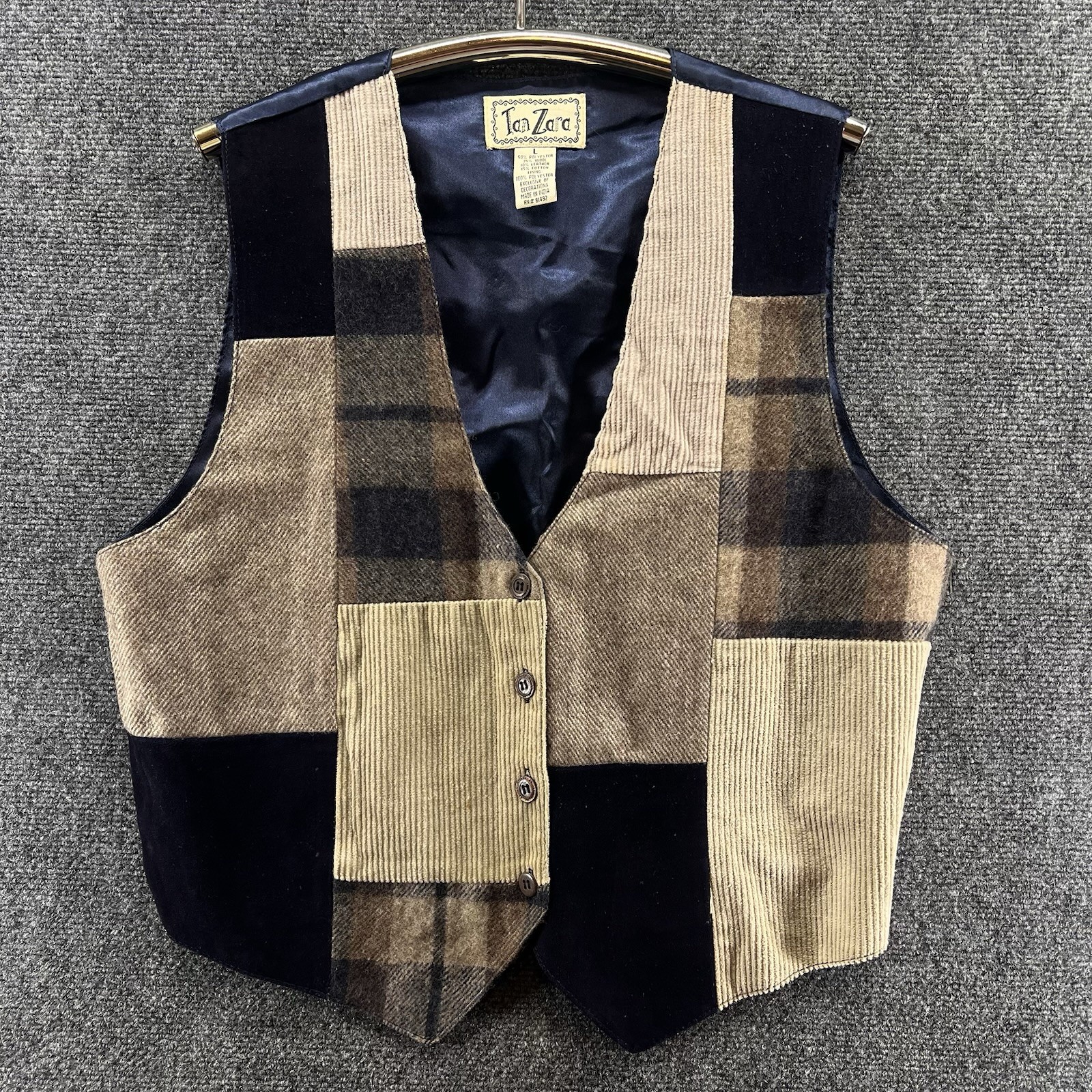 Vintage Tan Zara Patchwork Vest Womens Large Plaid Wool Leather Blend Beige Tan