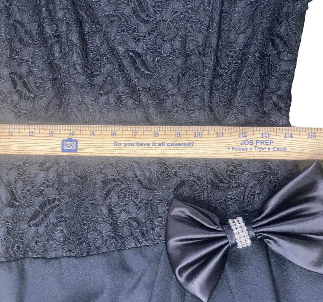 Vtg 1980’s Evenings by Pantagis Dress Black Lace Long Sleeve Rhinestone Bow 9/10